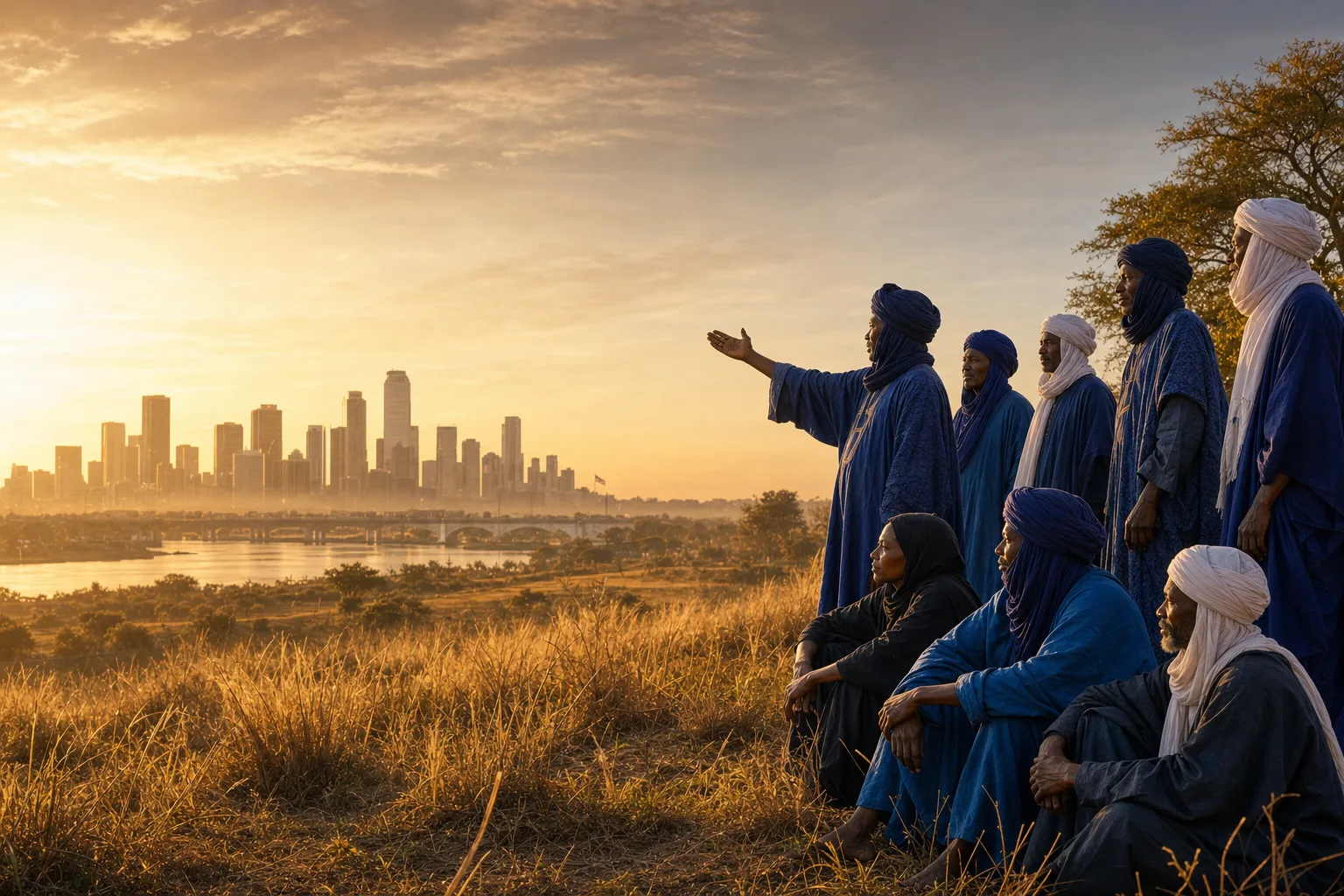 Fulbe community members in indigo dress gathered at golden hour in the Sahel of Niger